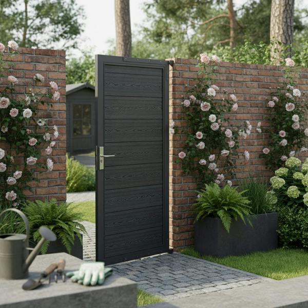 Grey composite panel gate with textured wood finish, surrounded by brick wall, flowers, and greenery in a serene garden setting