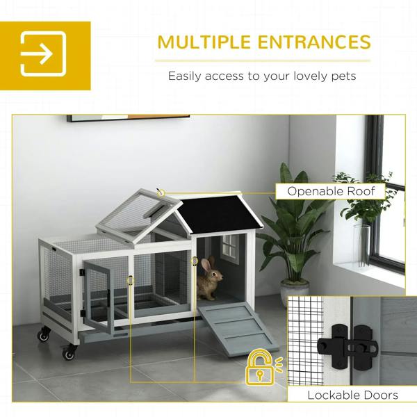 Grey wooden rabbit hutch with openable roof, multiple entrances, and lockable wire doors on wheels