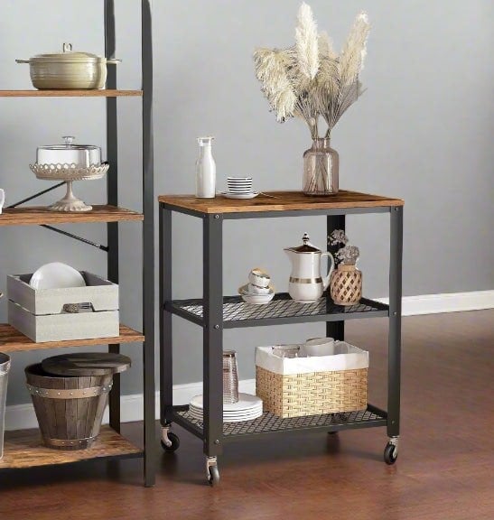Modcraft Vintage 3-Tier Serving Trolley with Wheels, Rustic Rolling Kitchen Cart, Heavy Duty Storage Shelf