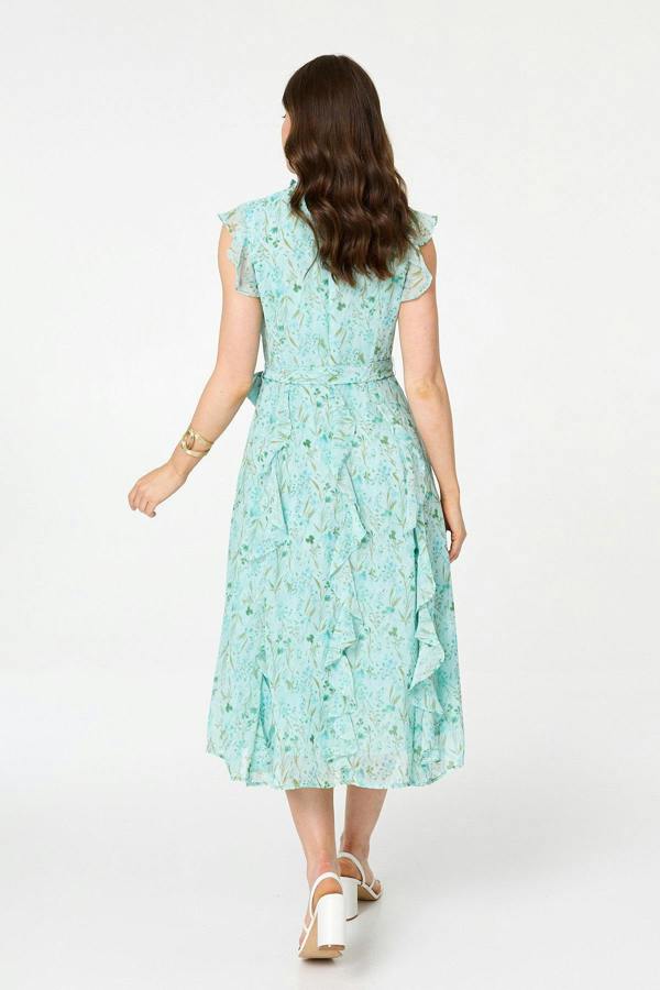 Green | Floral Tie Waist Frilled Midi Dress