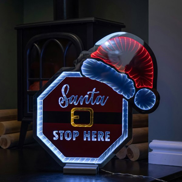 Samuel Alexander 40cm Light up Christmas Santa Stop Here Sign with Hat Infinity Decoration & LEDs