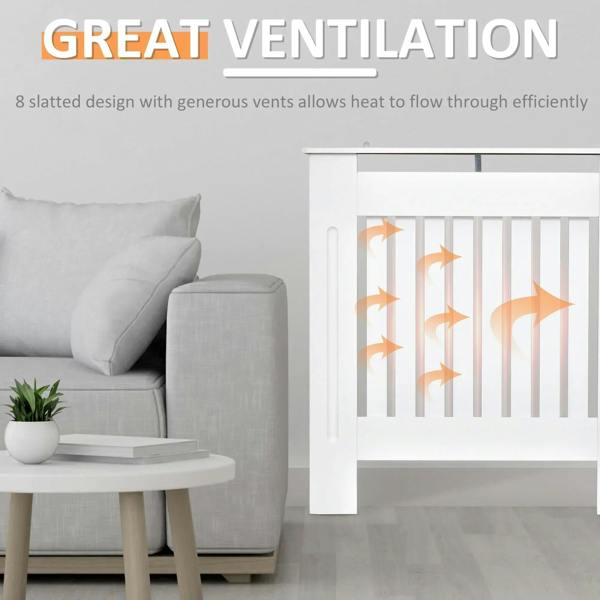 White slatted radiator cover cabinet showing vented vertical slats for airflow