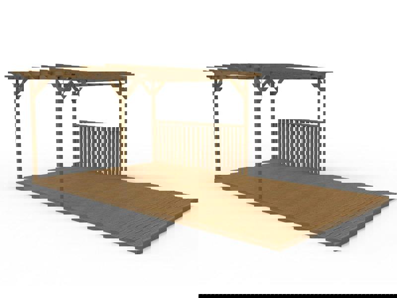 Rectangular pergola and decking kit with balustrade, made from pressure treated timber and high quality pergola posts, featuring a raised wooden deck, vertical slatted balustrade, and an open pergola roof frame.