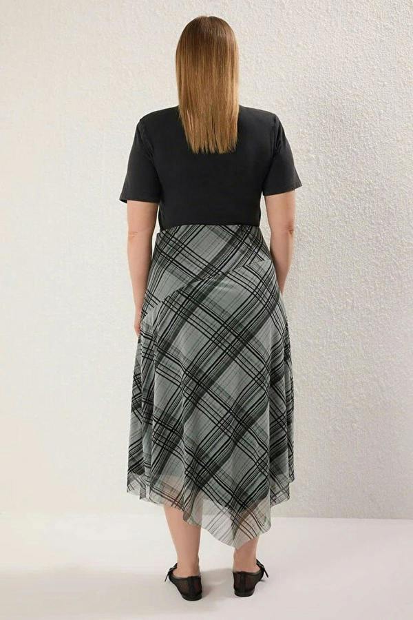 WOVCOR Plaid Patterned Tulle Lace Detail Stretchy Knit Plus Size Skirt