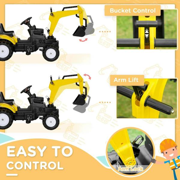 Kids yellow pedal digger ride-on with controllable bucket and arm lift icons