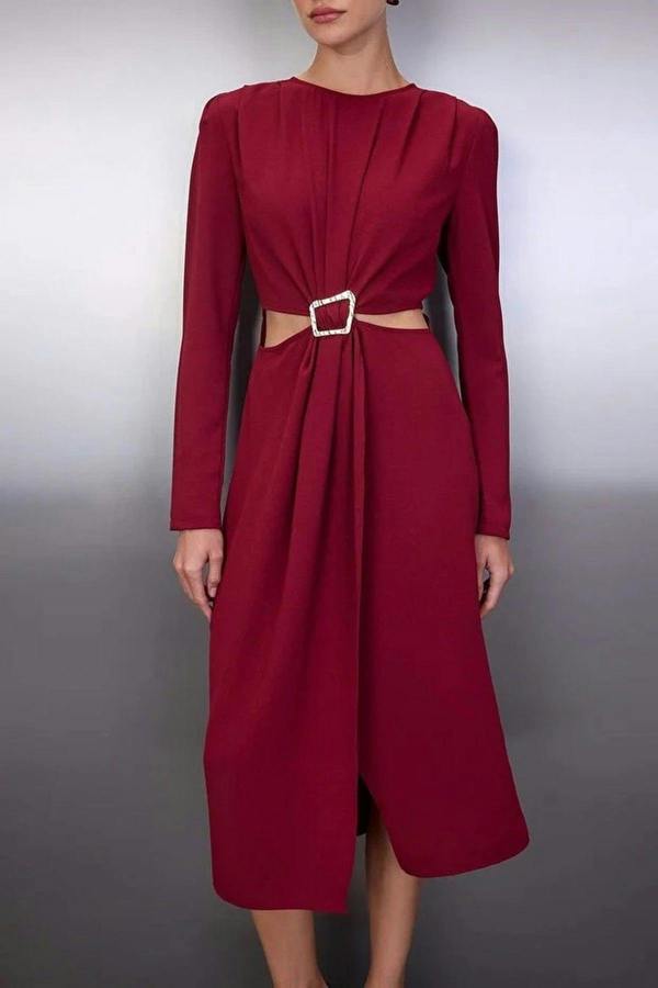 WOVCOR Wrap Skirt Midi Woven Dress with Cut Out and Accessory Detail