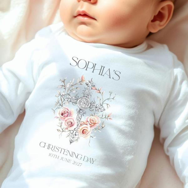 Personalised Floral Cross Christening Baby Grow, Vest or Bib with Name