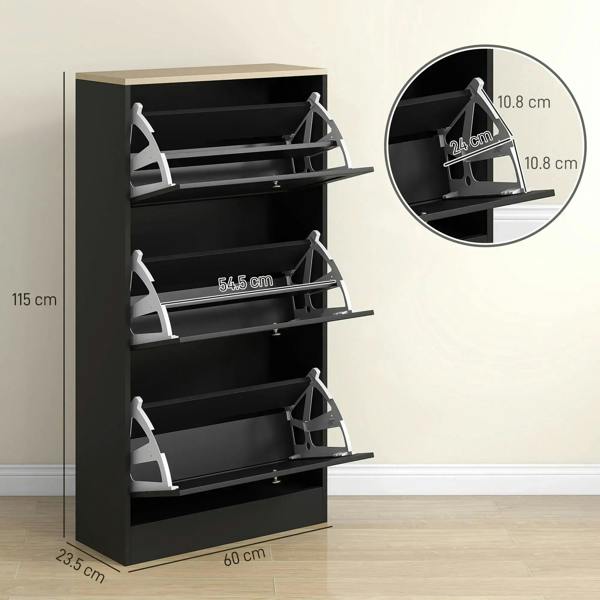 Black three-tier flip shoe rack cabinet with open shelves and side measurements