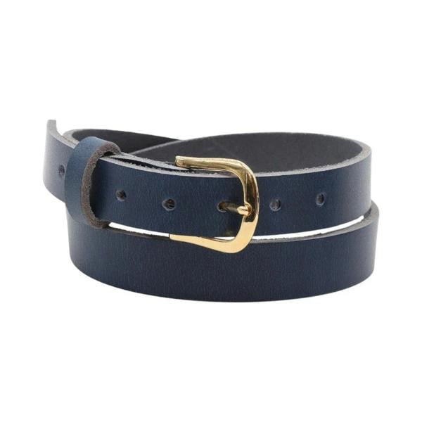 Navy leather belt with a gold buckle on a white background