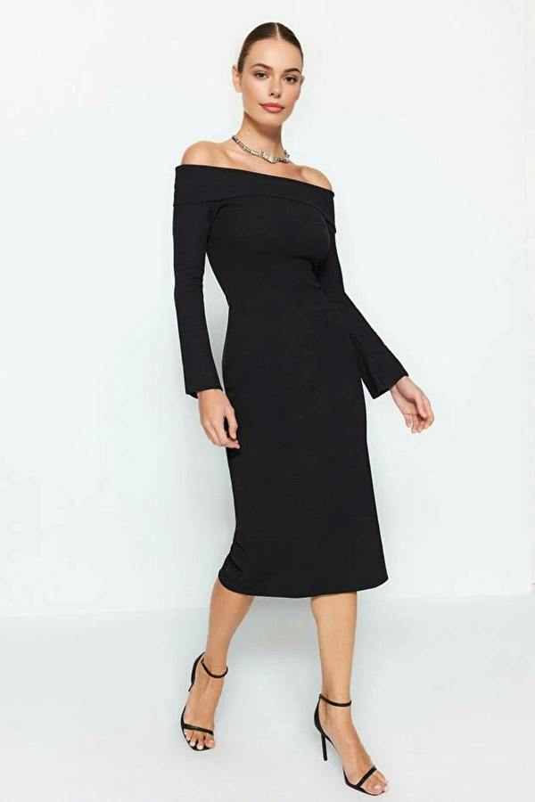 WOVCOR Carmen Collar Soft Textured Midi Knit Pencil Dress