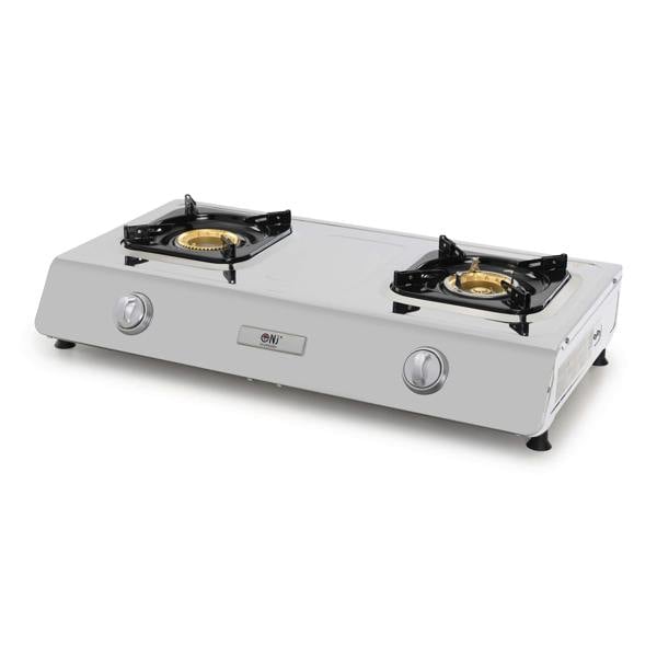 Portable gas stove with two burners on a white background