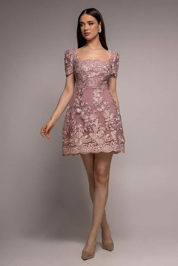 Scallop Edge Corset Back Structured Lace Mini Dress - Pink DR4966