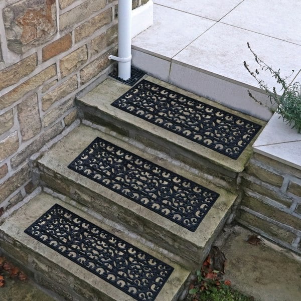 JVL Lexi Wrought Iron Effect Rubber Step Mat, Black, 25x75cm - Set of 3