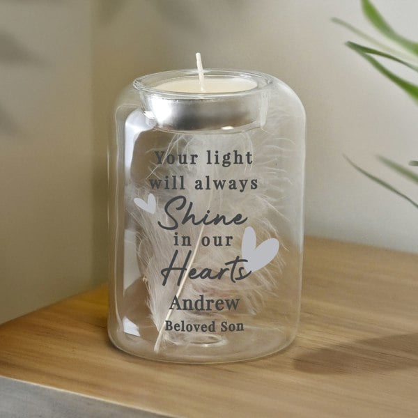 Personalised Memento Company Personalised In Our Hearts Memorial Feather Tealight Holder