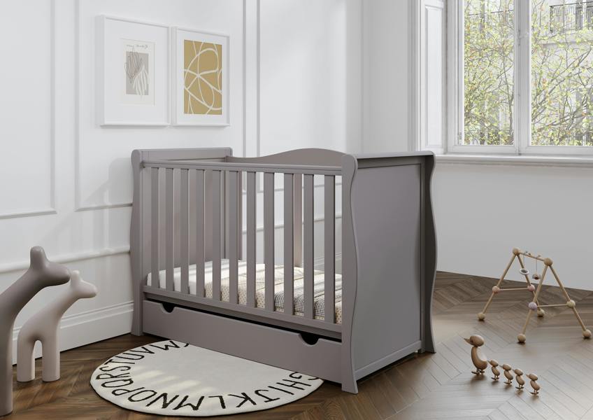 Viculii Willow Sleigh Mini Cot Bed Grey with Drawer and Mattress