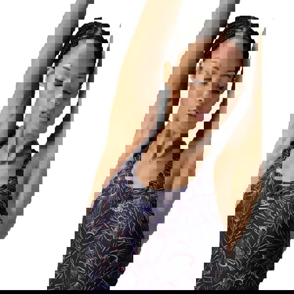 Speedo Hyperboom Allover Medalist swimsuit in black purple orange