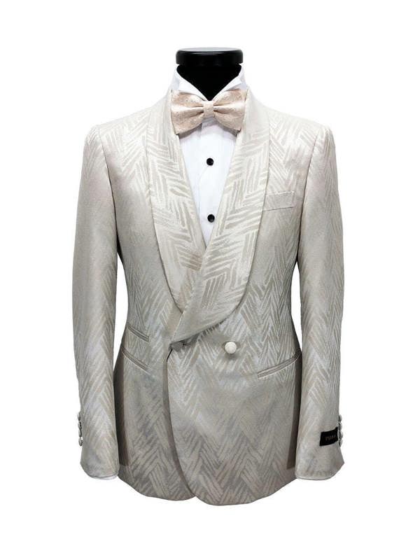 Chevron champagne shawl lapel double breasted blazer- Pamoni