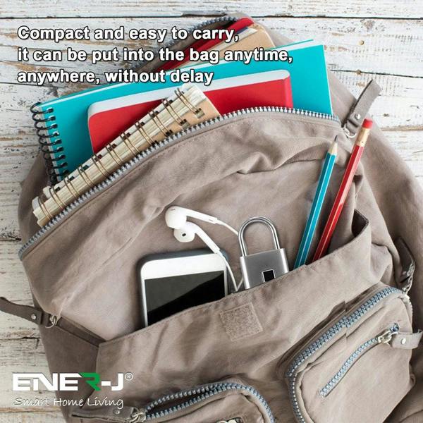 ENER-J Smart Fingerprint Padlock, USB Rechargeable Biometric Lock, 10 User Access, 9,000 Unlocks, Gym, Lockers, Bikes & Travel, Black