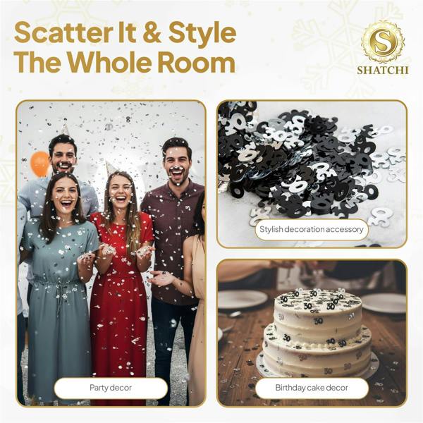 30th Birthday Black and Silver Confetti Table Decoration Pack, Metallic Foil, Pack Size Options image 5