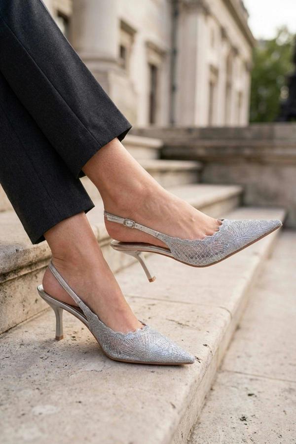 Saoirse Pointed Toe Lace Slingback Heels - Silver
