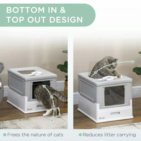 Grey portable hooded cat litter box with front entry door and top access, showing cat inside