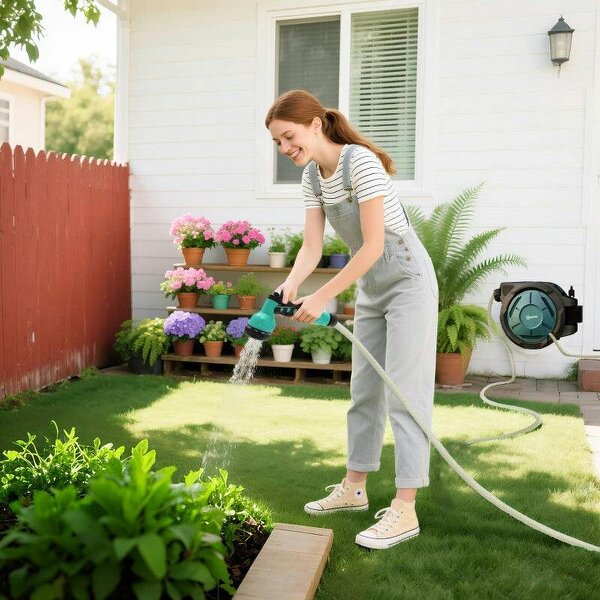 Bobobiy Retractable Hose Reel Wall Mounted, 20+2m Garden Hose Pipe Reel with Lock, 7 in 1 Spray Nozzle, 180° Swivel, 54 x 20 x 39 cm, Black