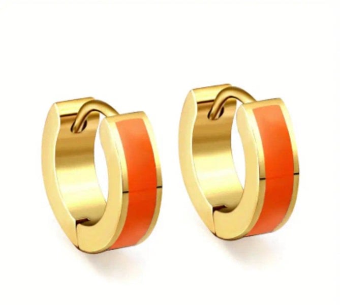 One Of A Kind Club Orange small enamel gold huggie