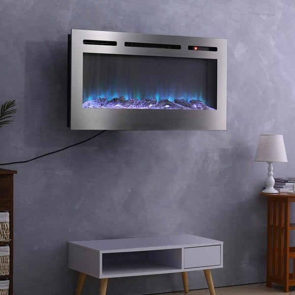 Silver 2kW Electric Fireplace 12 Flame Colour Recessed Fire with 2 Heat Settings Wall Mounted Fires Living and Home Silver 40 inch