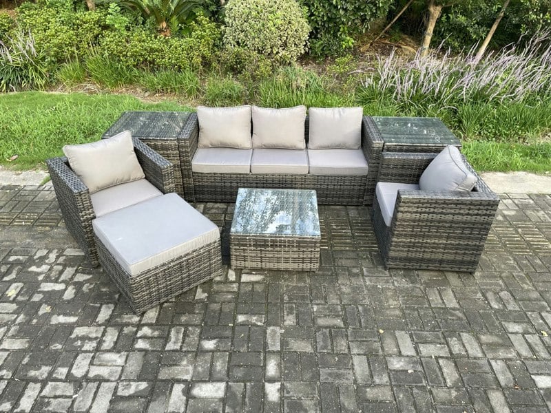 Fimous Wicker 7 Pieces Rattan Garden Furniture Sofa Set with Armchair 2 Side Tables Square Coffee Table Big Footstool Dark Grey Mixed