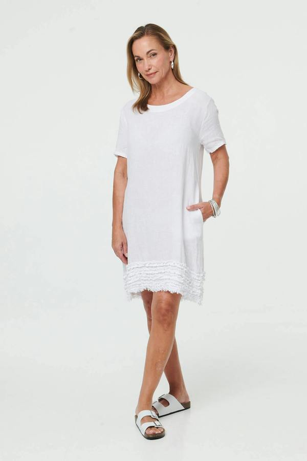 White | Frill Hem Short Relaxed Shift Dress