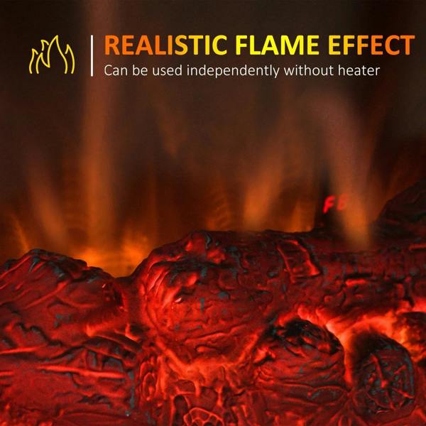 LED flame effect with glowing orange and red logs inside the black fireplace firebox.