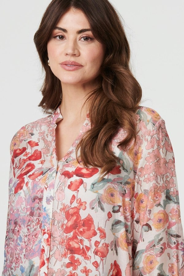 Pink | Floral Print Longline Semi Sheer Shirt