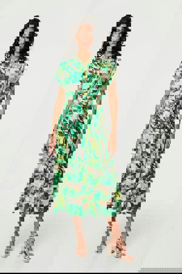 Green | Printed Cap Sleeve Belt Waist Midi Dress
