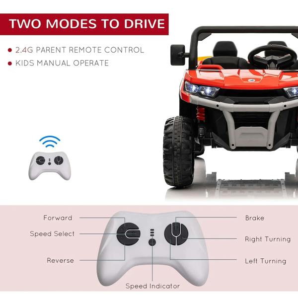 Red two-seat kids ride-on car with parent remote control and front headlights