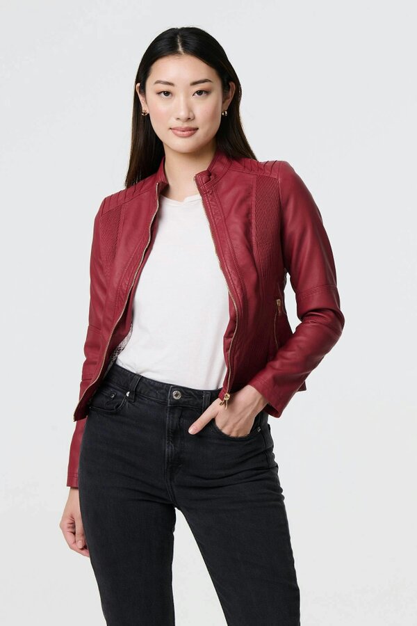 Izabel London Zip Front Faux Leather Jacket - Red
