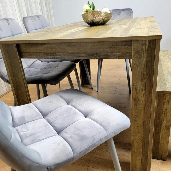Kosy Koala Wooden Dining Table Set for 6 Rustic Effect Table With 4 Grey Velvet Chairs and 1 Bench