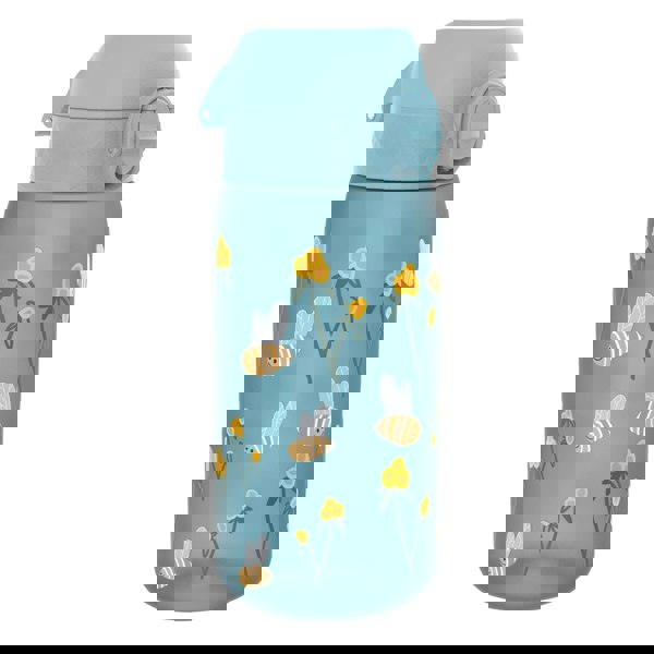 A teal water bottle, featuring a pattern of bees and flowers, sits against a white background. The bottle has a light teal screw-on cap with a carrying loop.