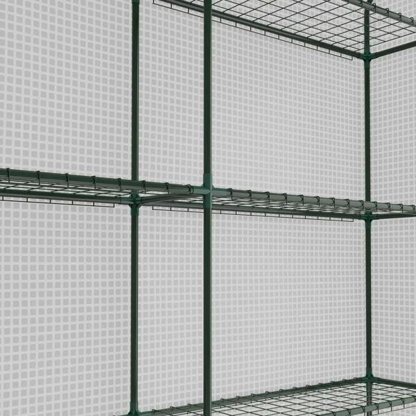 Walk-in greenhouse shelves with green metal frame and black wire rack levels.