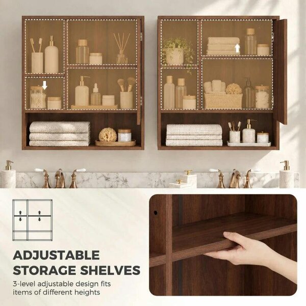 Bathroom Mirror Cabinet, Wall-Mounted Bathroom Cabinet with Mirror Door, Adjustable Shelves, Walnut Brown
