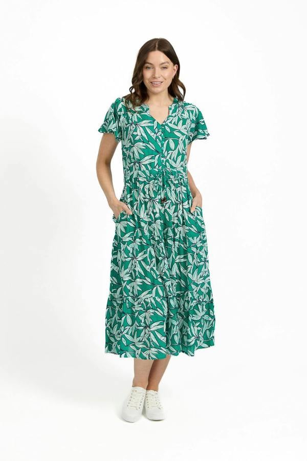 Mudflower Leaf Print Button-Up Elasticated Tie-Front Flared Midi Dress
