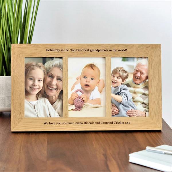 MijMoj Design Personalised Solid Oak Three Aperture Picture Frame - For 6x4" Photos