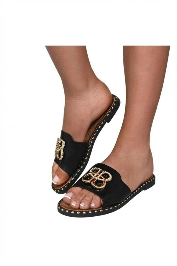 Abby Sparkle Buckle Gold Studded Flat Sandals - Black_wb