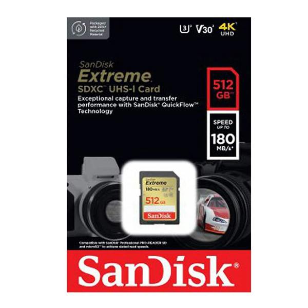 SanDisk Extreme SDXC card 180MBs UHSI U3 V30 512GB