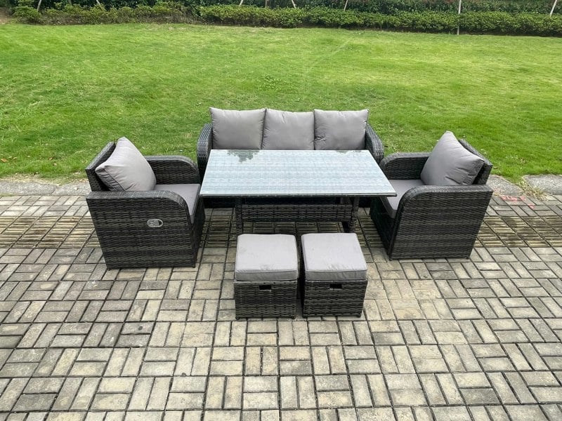 Fimous Rattan Garden Furniture 6 Piece Grey Patio Furniture Set Patio Conservatory 7 Seater Set Outdoor Rectangular Table and Chairs