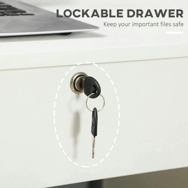 Lockable drawer hardware with key on a white desk drawer front