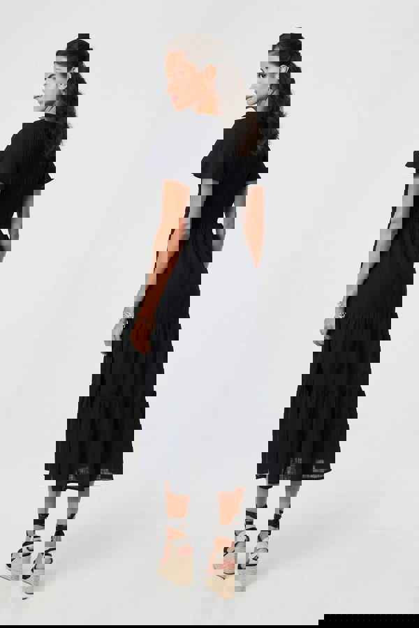 Black | Smocked Flared Sleeve Tiered Midi Dress
