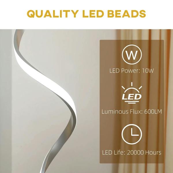 Spiral LED floor lamp with bright glow along the curved wavy tube
