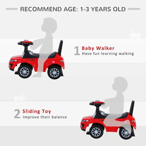 Red toddler ride-on car with horn steering wheel and black seat, shown with wheel base