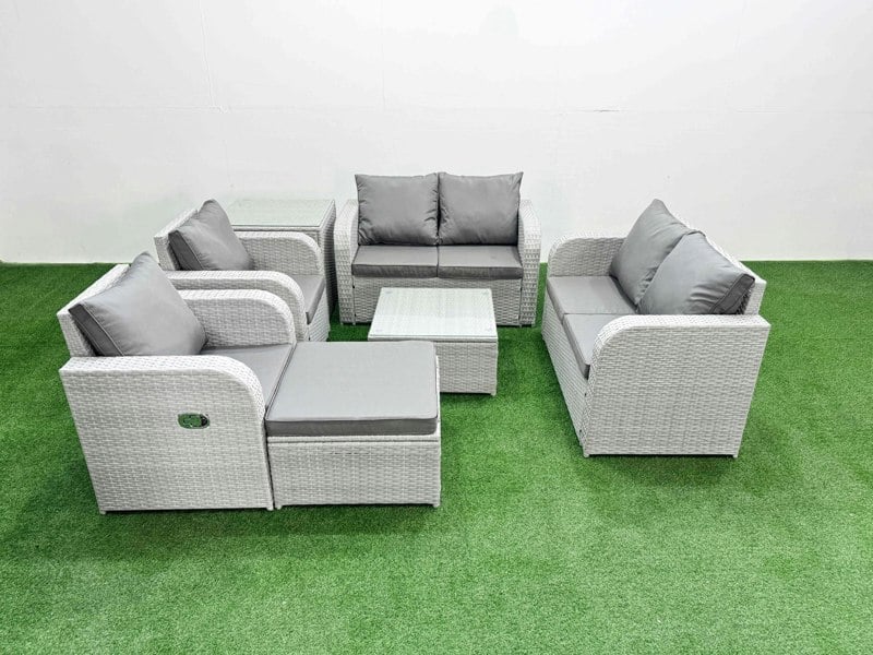 Fimous 7 Seater Outdoor Reclining Chair Love Sofa Set Rattan Garden Furniture Set with Square Coffee Table Footstool Side Table Light Grey