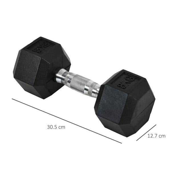 Black rubber hex dumbbell with knurled steel handle, with size measurement marks